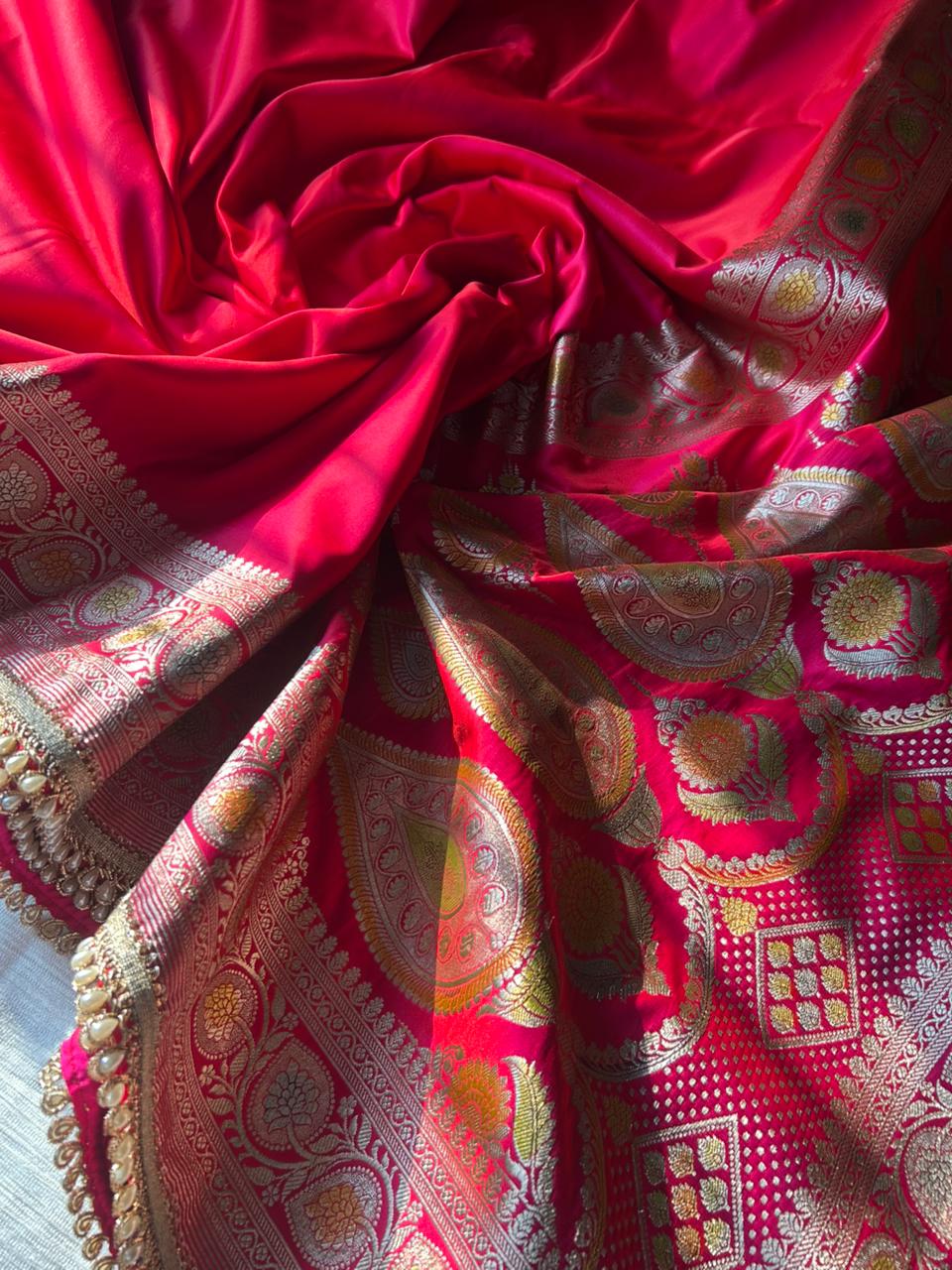 Hot Pink Hand-Painted Mashru Katan Silk Saree | Pearl Lace Work