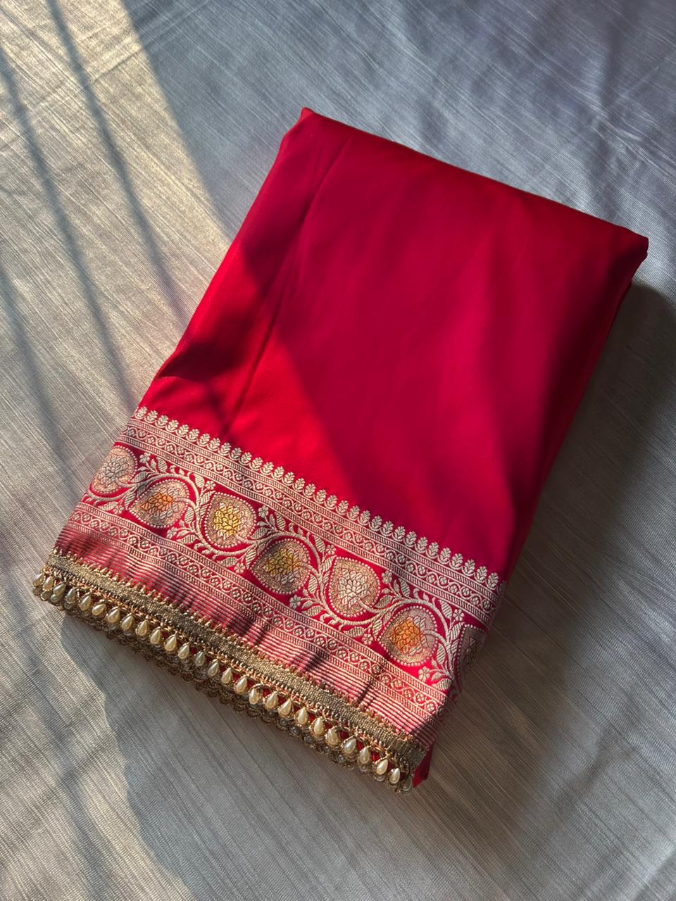 Hot Pink Hand-Painted Mashru Katan Silk Saree | Pearl Lace Work