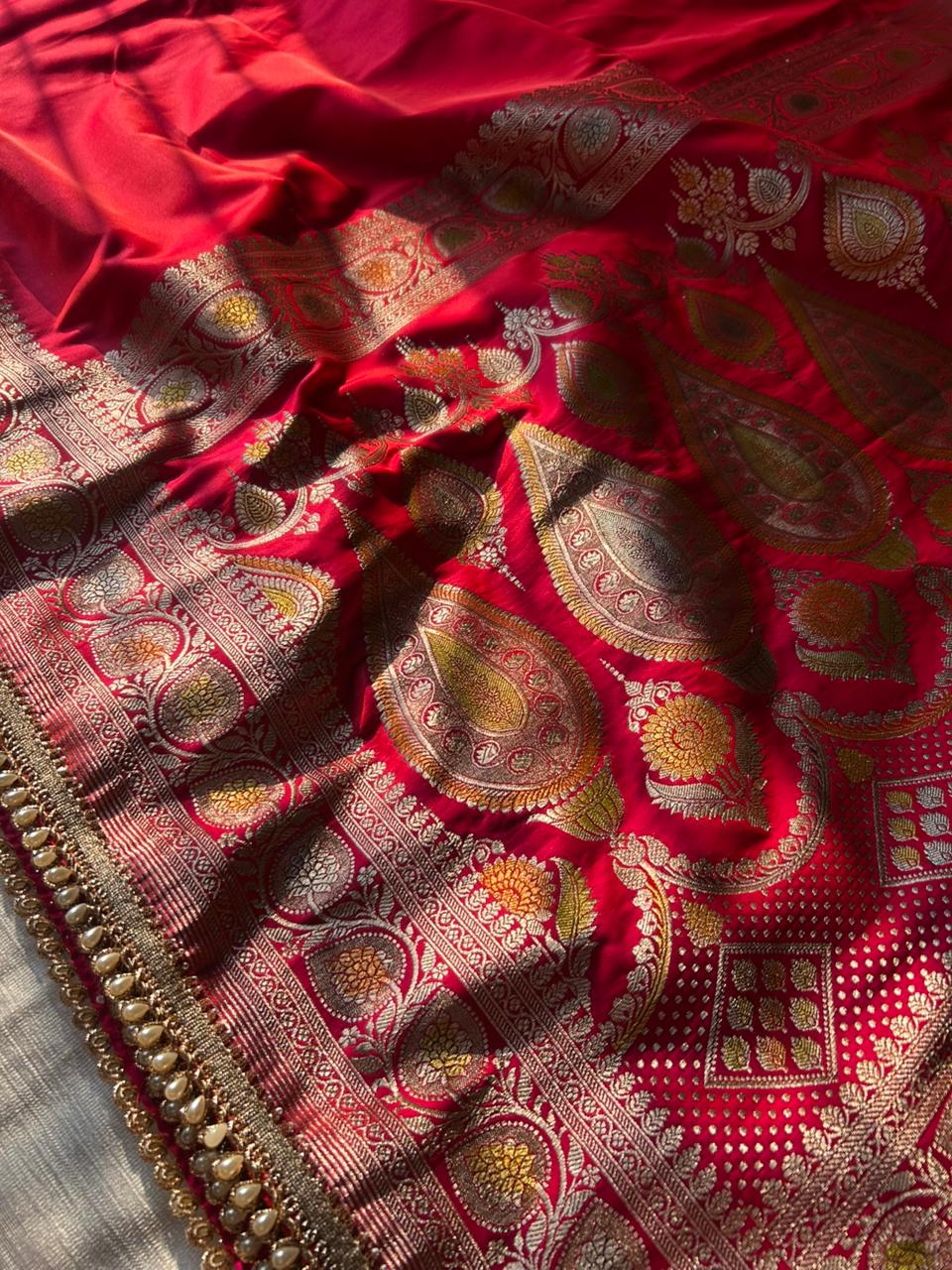 Hot Pink Hand-Painted Mashru Katan Silk Saree | Pearl Lace Work