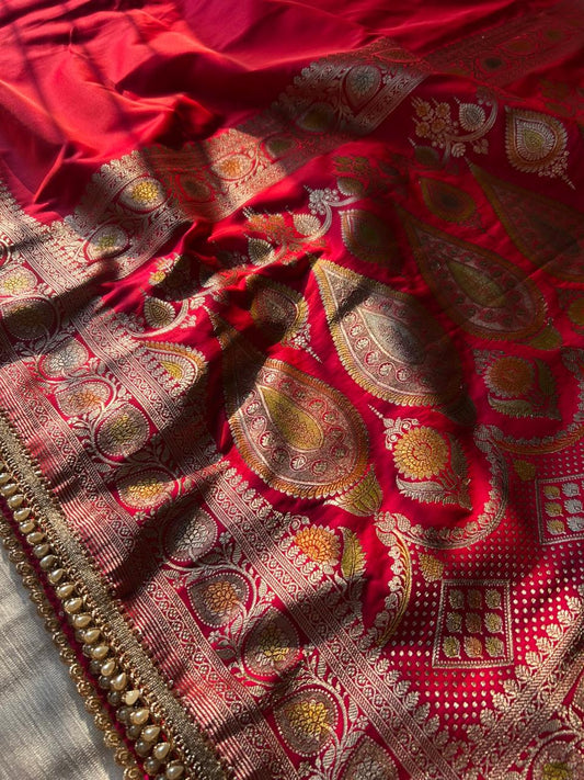 Hot Pink Hand-Painted Mashru Katan Silk Saree | Pearl Lace Work