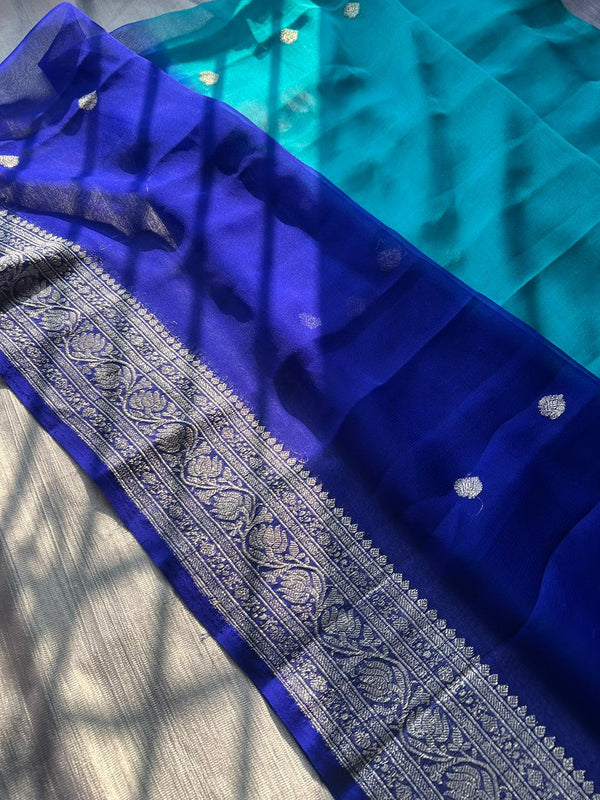 Rare Royal & Light Blue Dual-Tone Pure Georgette Saree | Real Silver Zari