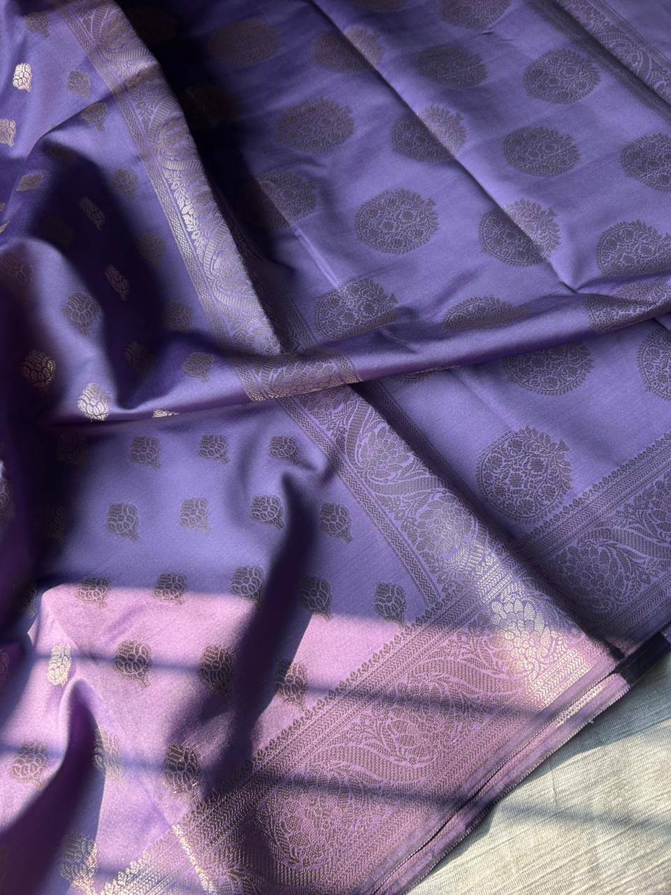 Lavender Satin Silk Saree with Copper Gold Zari | Floral Border & Heavy Brocade Blouse