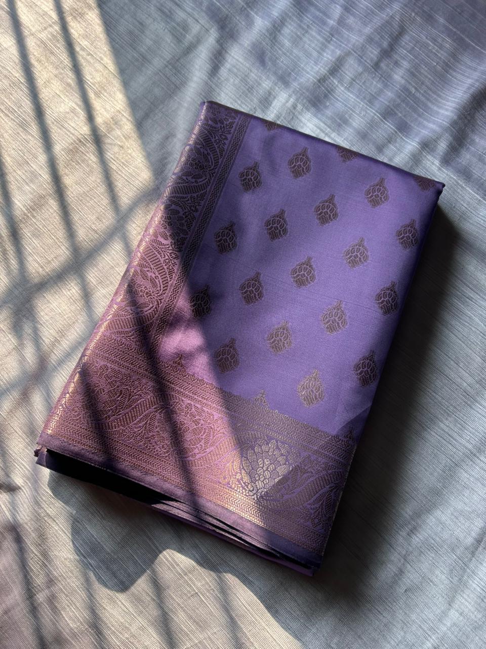 Lavender Satin Silk Saree with Copper Gold Zari | Floral Border & Heavy Brocade Blouse