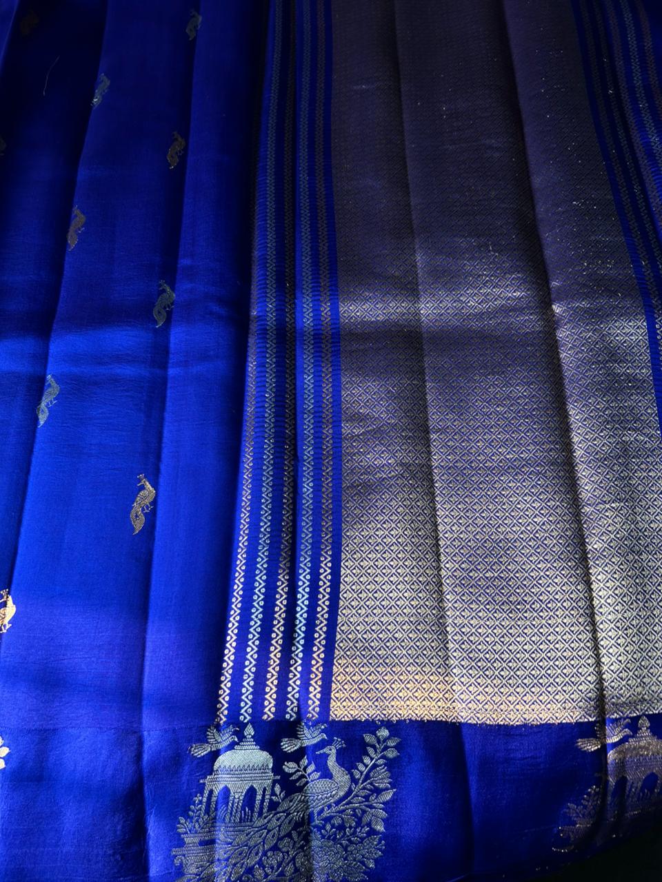 Royal Blue Handspun Banarasi Silk Saree | Real Sona Rupa Zari with Peacock Motifs