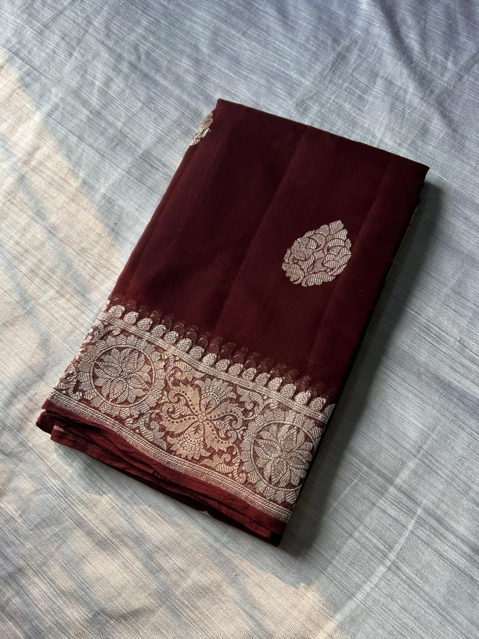 Pure Khadi Georgette Handloom Saree | Real Silver Zari | "Ring Test" Certified Softness