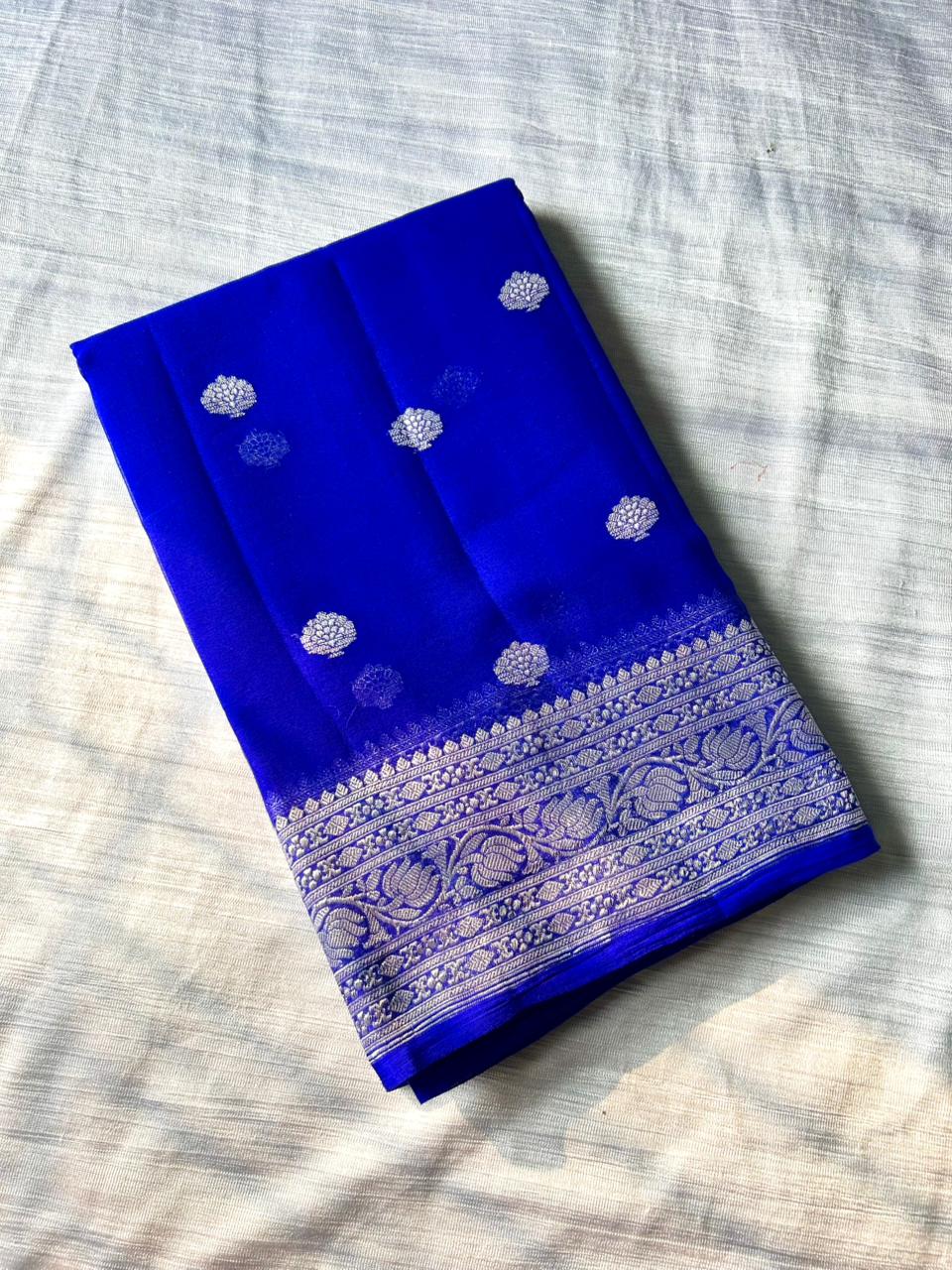 Royal Blue Pure Khadi Georgette Handloom Saree | Real Silver Zari | Butter-Soft "Ring Test" Saree