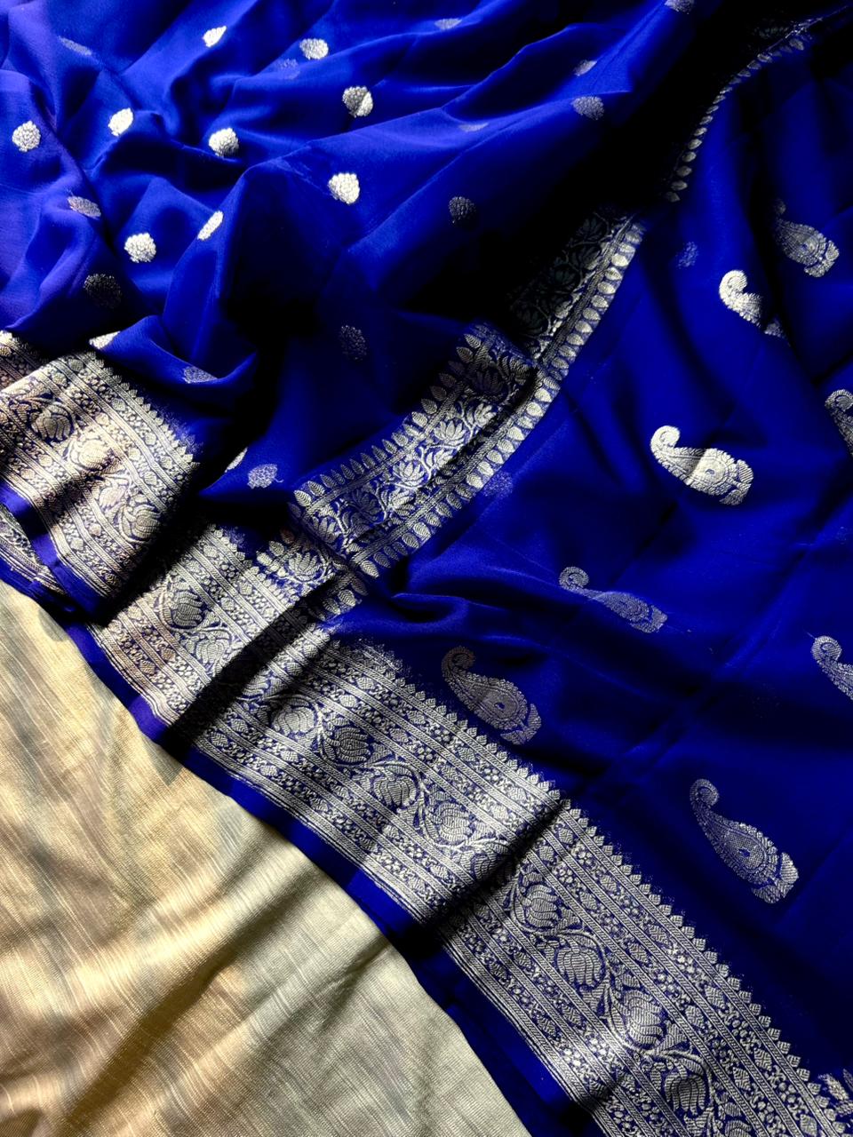 Royal Blue Pure Khadi Georgette Handloom Saree | Real Silver Zari | Butter-Soft "Ring Test" Saree