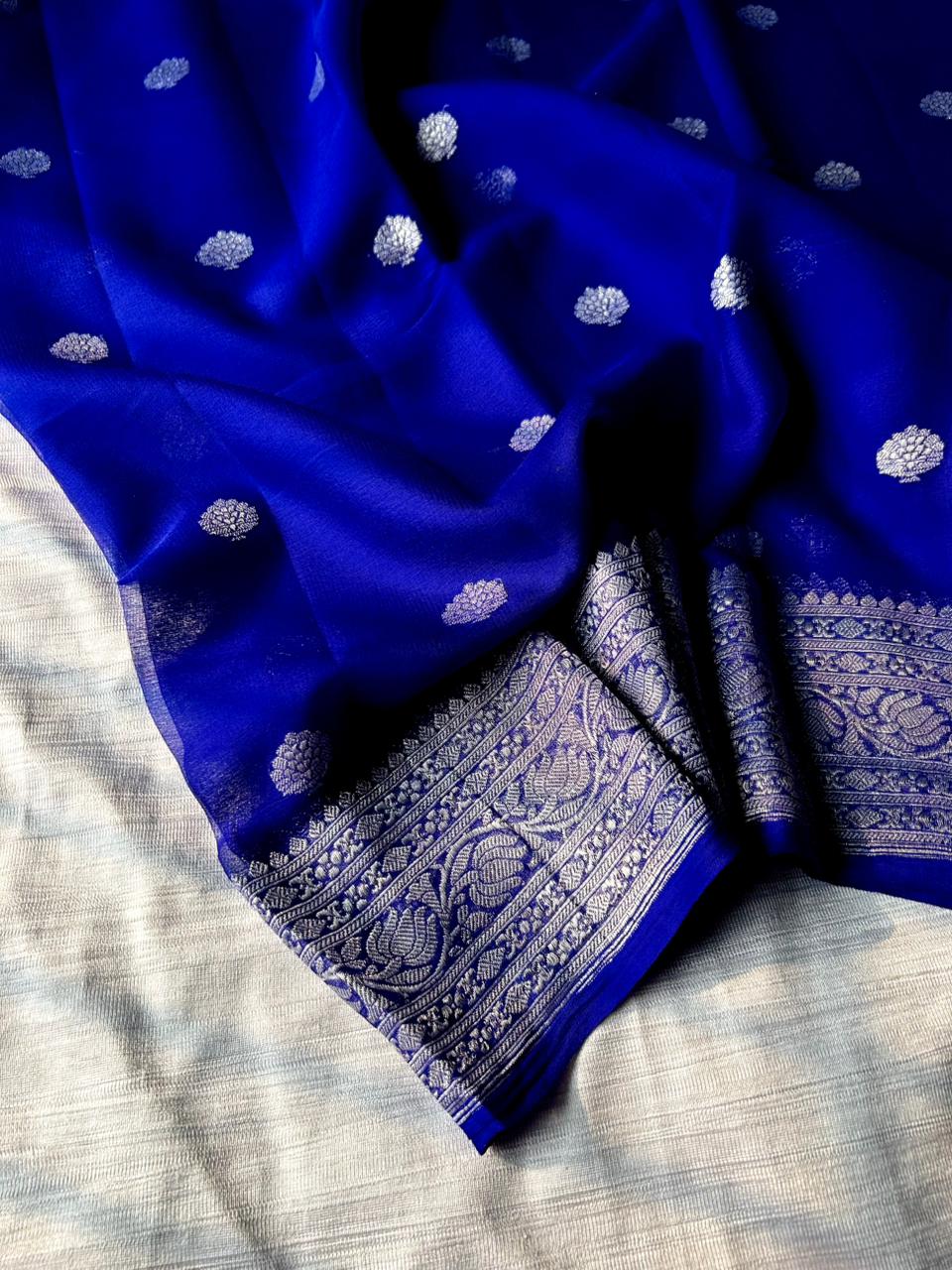 Royal Blue Pure Khadi Georgette Handloom Saree | Real Silver Zari | Butter-Soft "Ring Test" Saree