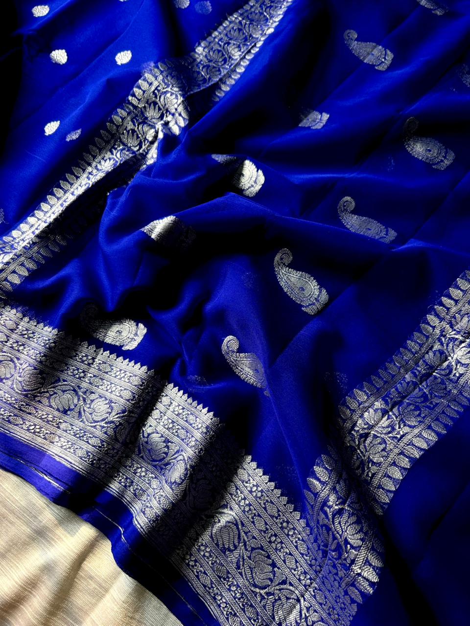 Royal Blue Pure Khadi Georgette Handloom Saree | Real Silver Zari | Butter-Soft "Ring Test" Saree