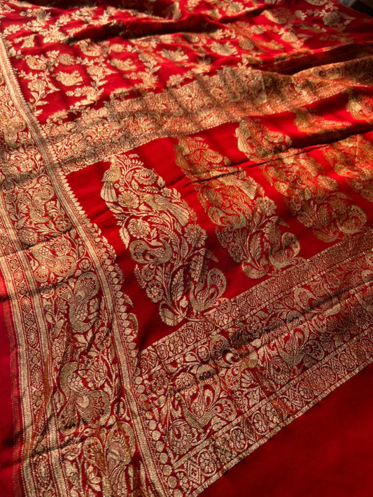 Pure Red Khadi Georgette Banarasi Shikargah Saree | Soft & Lightweight Handloom Silk