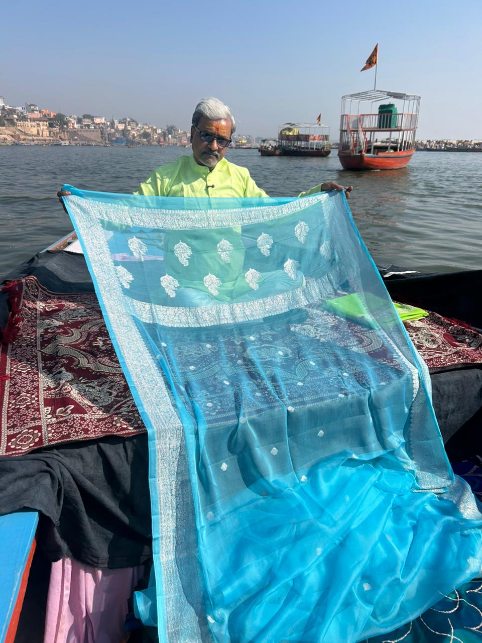 Ice Blue 100% Pure Khadi Georgette Saree | Real Silver Zari | 300g Premium Handmade