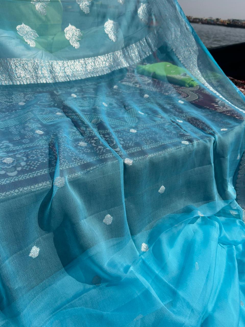 Ice Blue 100% Pure Khadi Georgette Saree | Real Silver Zari | 300g Premium Handmade