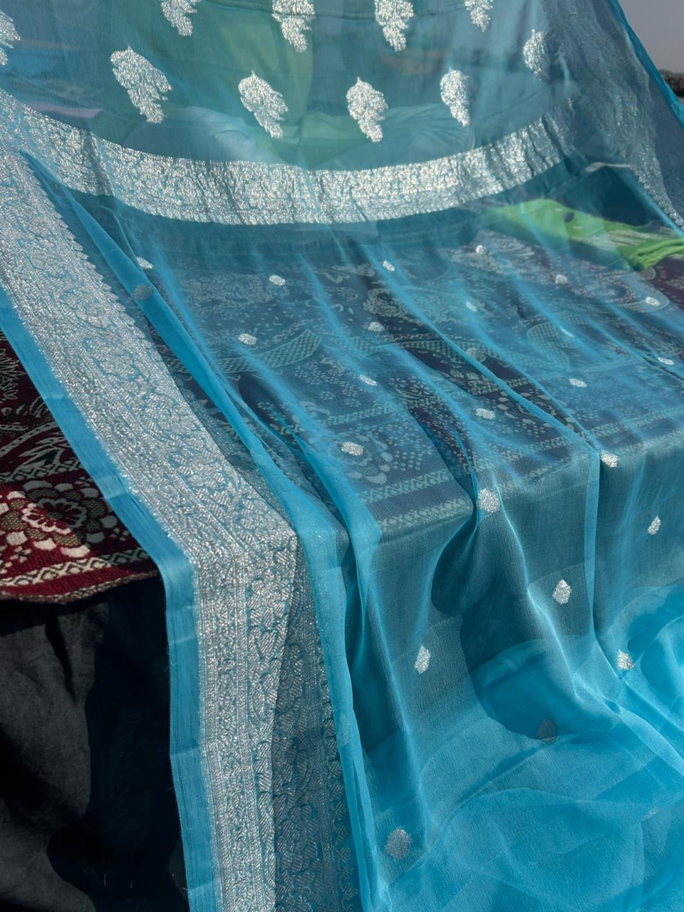 Ice Blue 100% Pure Khadi Georgette Saree | Real Silver Zari | 300g Premium Handmade