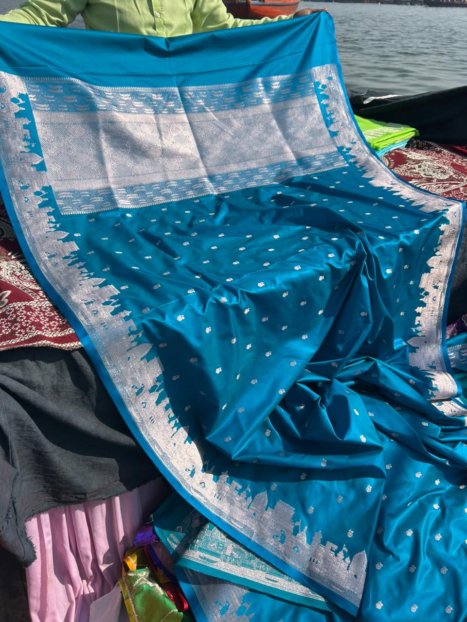 Rama Blue Mashru Silk Banaras Ghat Saree | Double Side Ghat Border | Traditional Butti Design