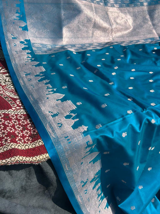 Rama Blue Mashru Silk Banaras Ghat Saree | Double Side Ghat Border | Traditional Butti Design