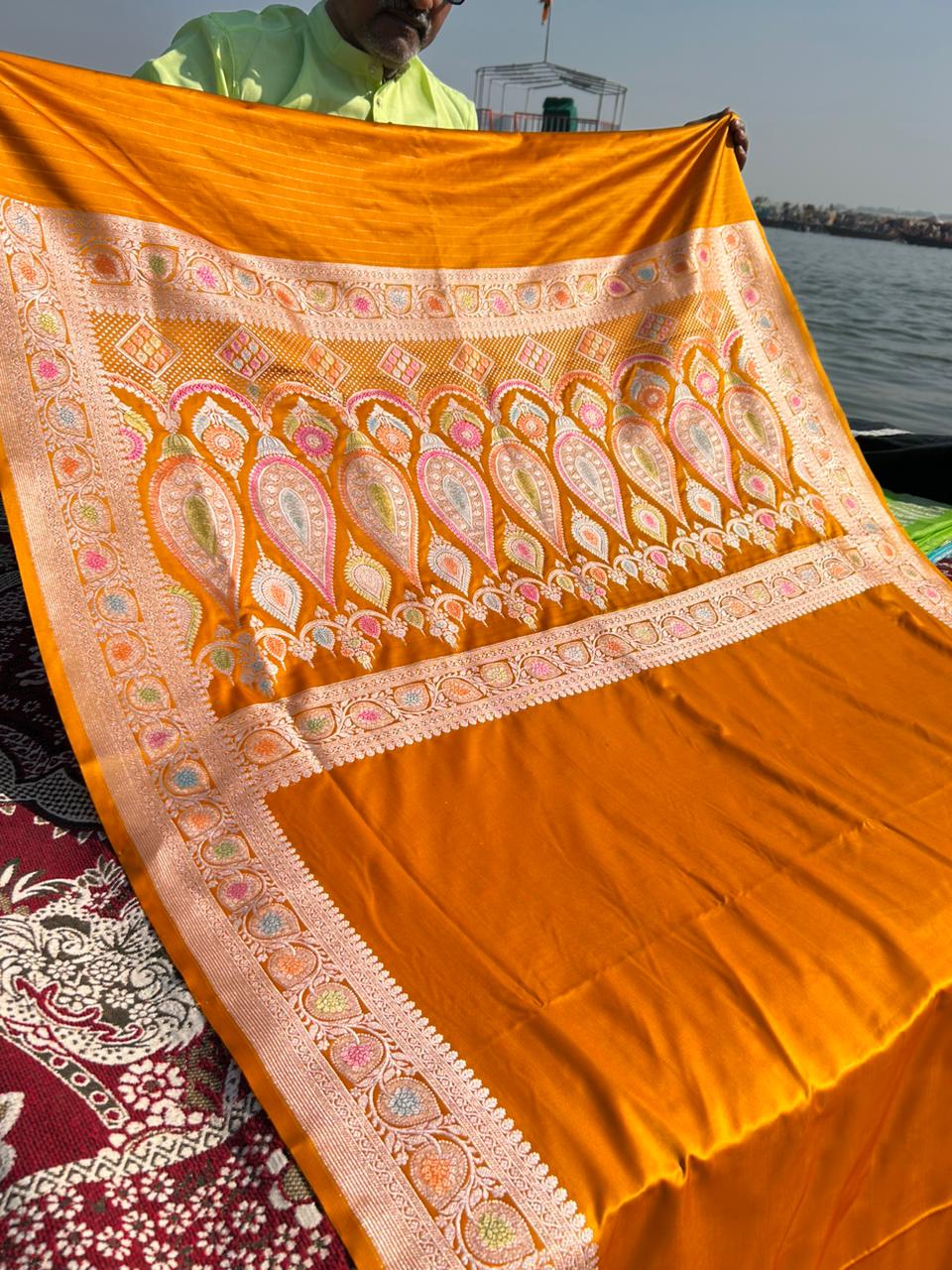 Orange Mustard Yellow Mashru Silk Meenakari Handcrafted Saree | Premium Hath Rang Work