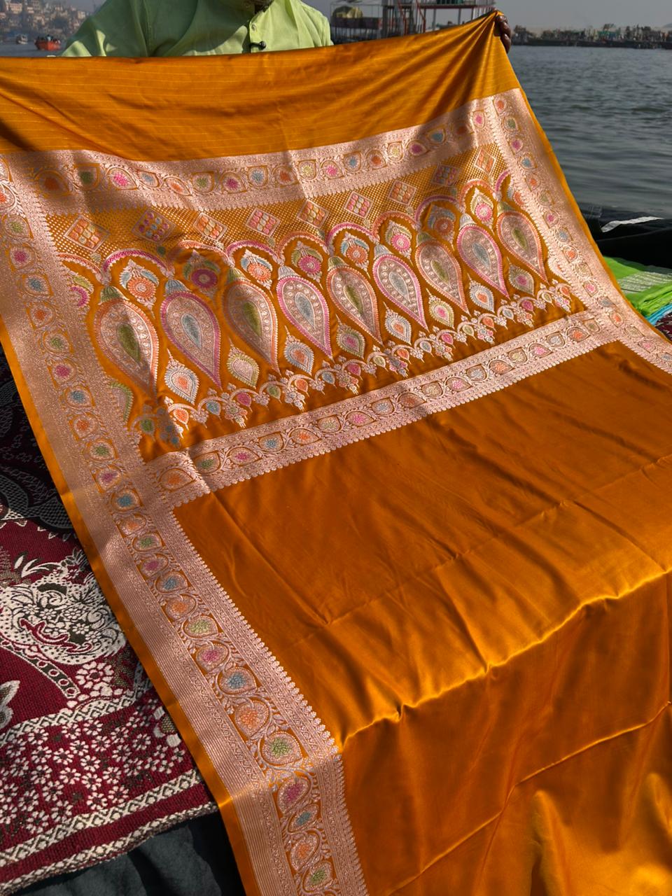 Orange Mustard Yellow Mashru Silk Meenakari Handcrafted Saree | Premium Hath Rang Work