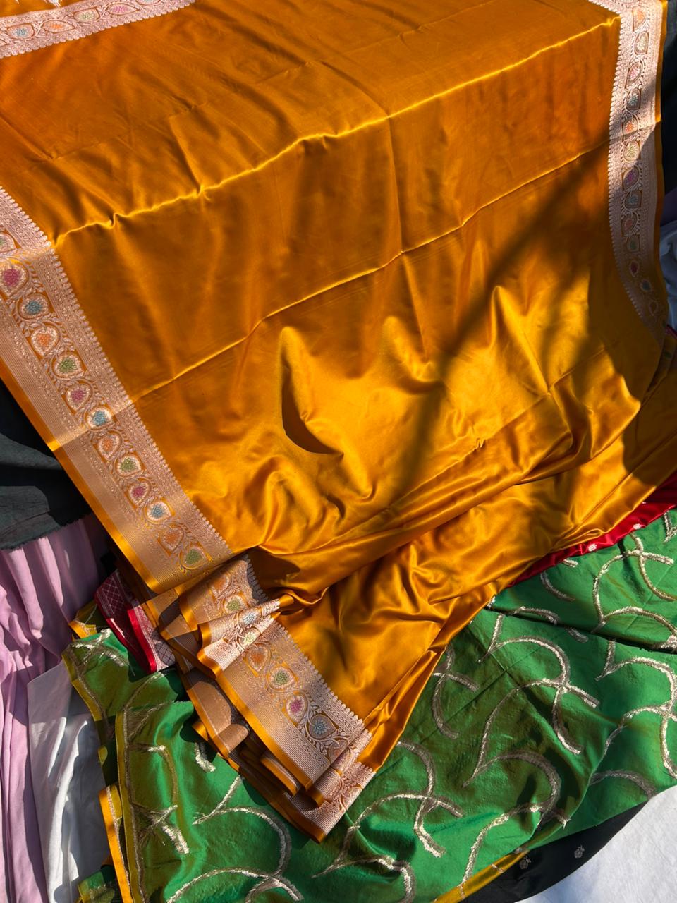 Orange Mustard Yellow Mashru Silk Meenakari Handcrafted Saree | Premium Hath Rang Work