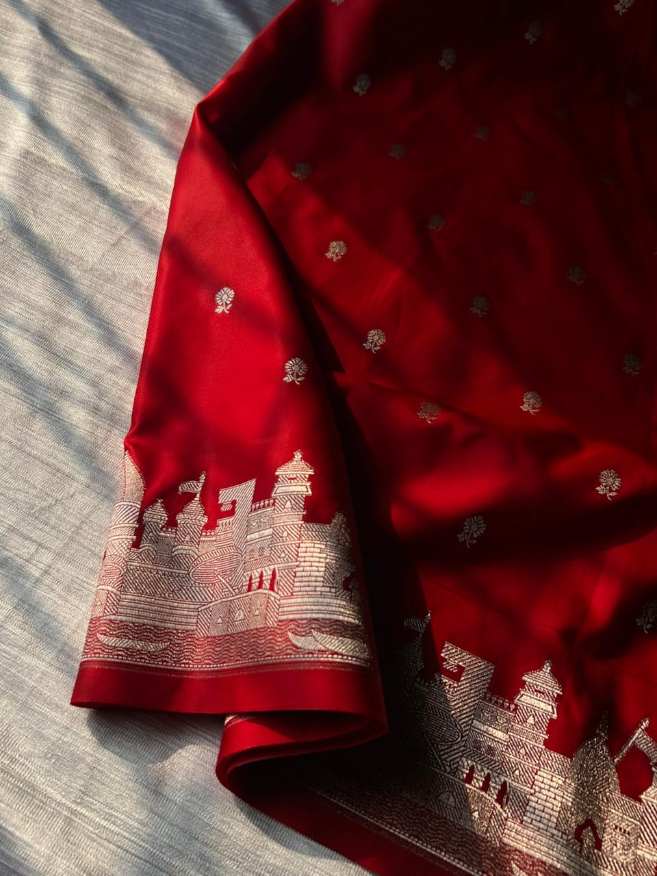 Chilli Red Mashru Silk Banaras Ghat Saree | Double Side Ghat Border | Traditional Butti Design