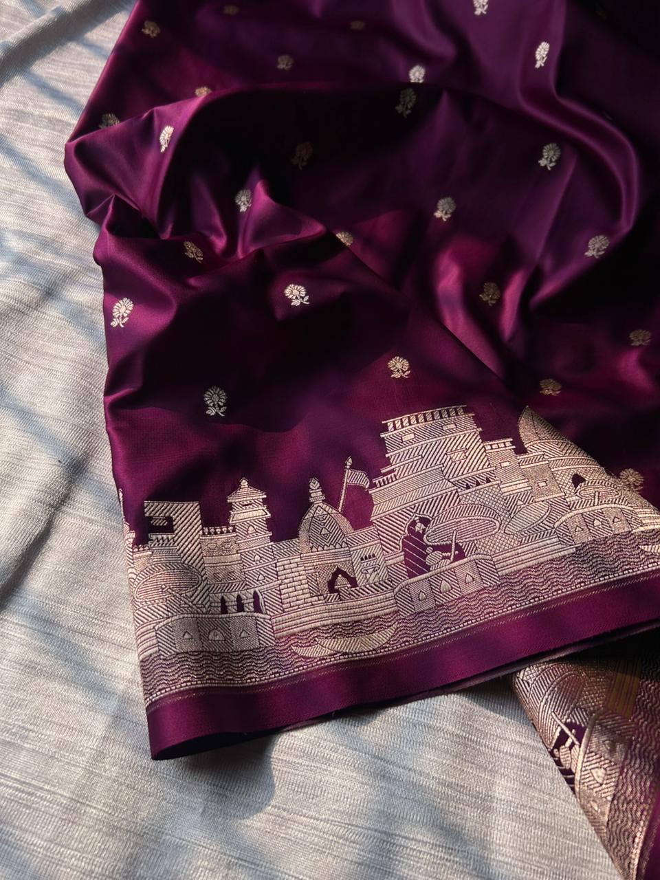 Magenta Mashru Silk Banaras Ghat Saree | Double Side Ghat Border | Traditional Butti Design