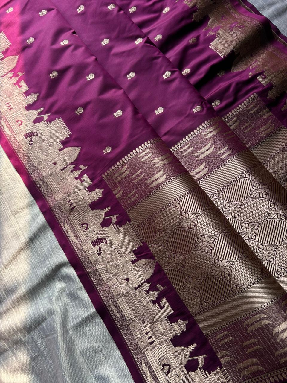 Magenta Mashru Silk Banaras Ghat Saree | Double Side Ghat Border | Traditional Butti Design
