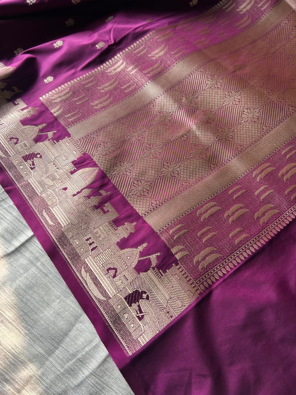 Sari Banaras Ghat de seda Mashru magenta | Cenefa Ghat a doble cara | Diseño Butti tradicional