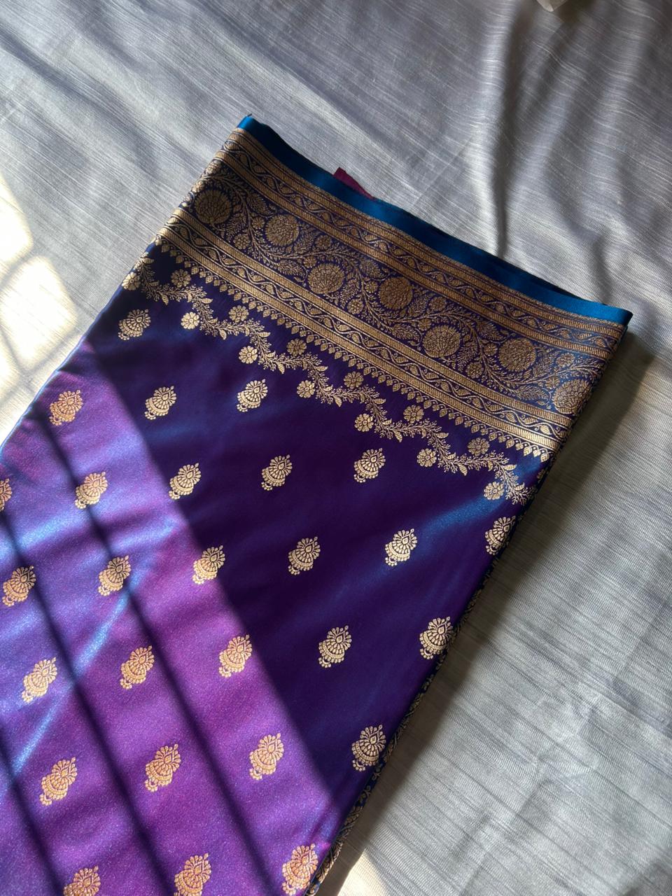 Morni Blue Satin Silk Saree with Copper Gold Zari | Dhoop-Chaon Party Wear Banarasi Saree