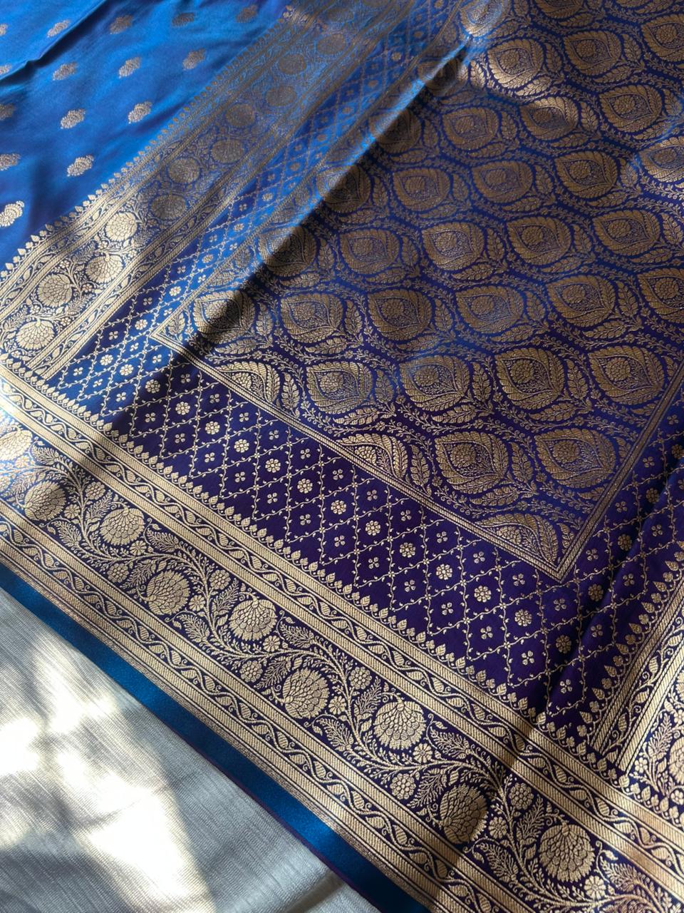 Morni Blue Satin Silk Saree with Copper Gold Zari | Dhoop-Chaon Party Wear Banarasi Saree