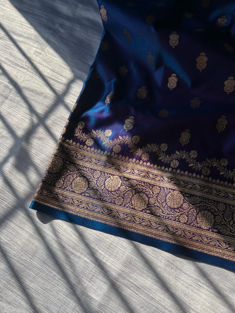 Morni Blue Satin Silk Saree with Copper Gold Zari | Dhoop-Chaon Party Wear Banarasi Saree