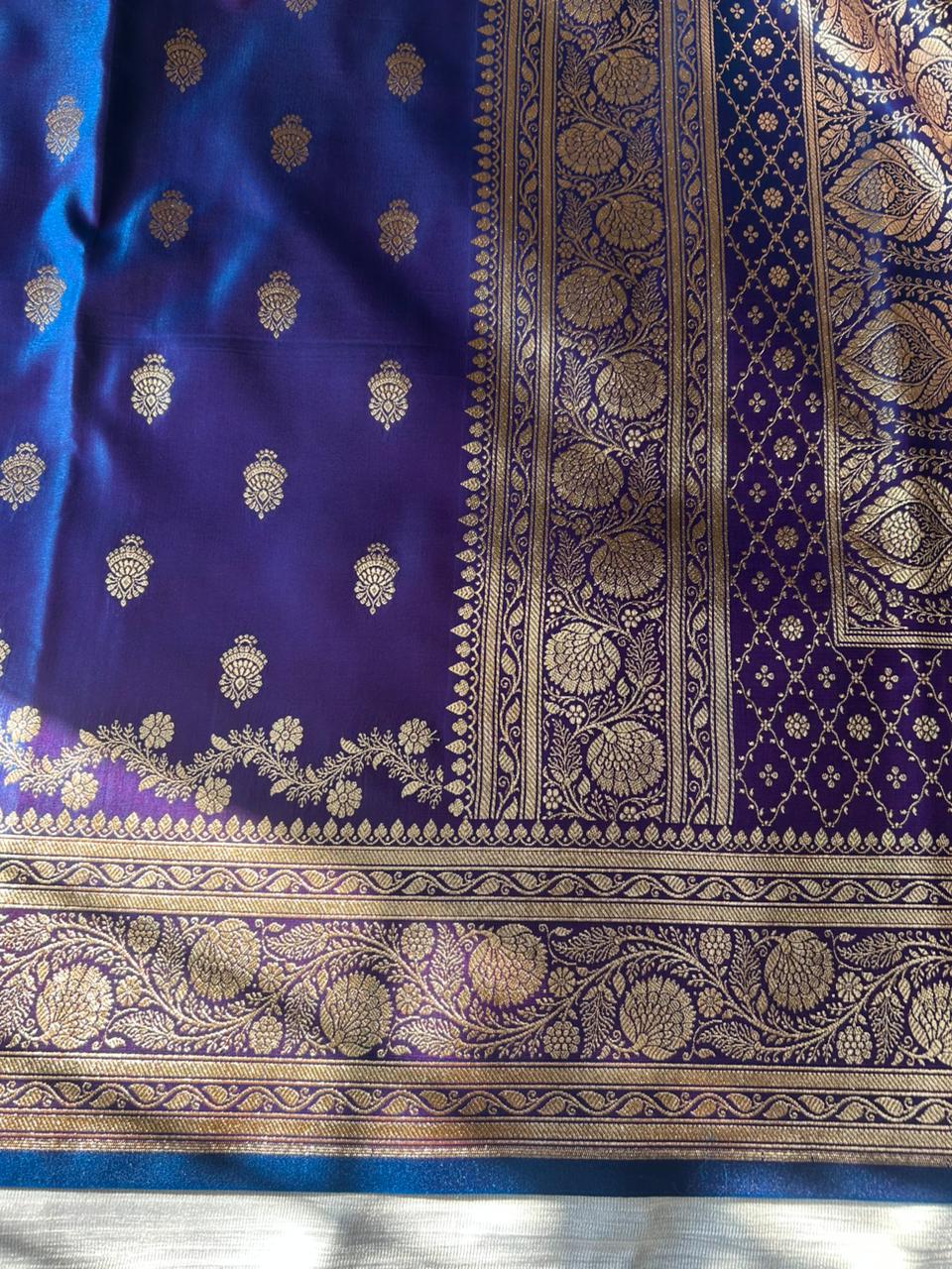 Morni Blue Satin Silk Saree with Copper Gold Zari | Dhoop-Chaon Party Wear Banarasi Saree