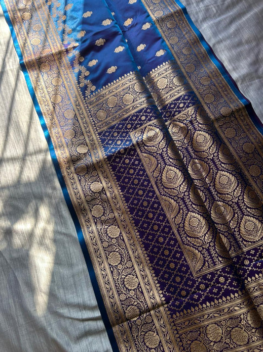 Morni Blue Satin Silk Saree with Copper Gold Zari | Dhoop-Chaon Party Wear Banarasi Saree