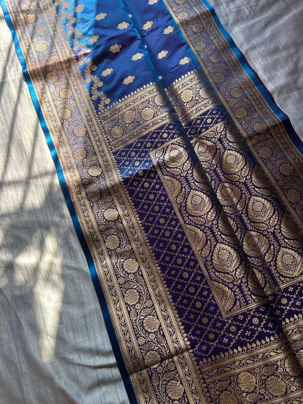 Morni Blue Satin Silk Saree with Copper Gold Zari | Dhoop-Chaon Party Wear Banarasi Saree