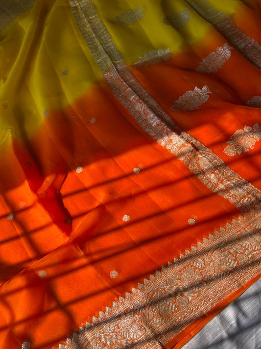 Ganga Jamuna Khadi Georgette Handloom Saree with Real Zari Weaving | Sunset Orange-Yellow Half & Half Saree