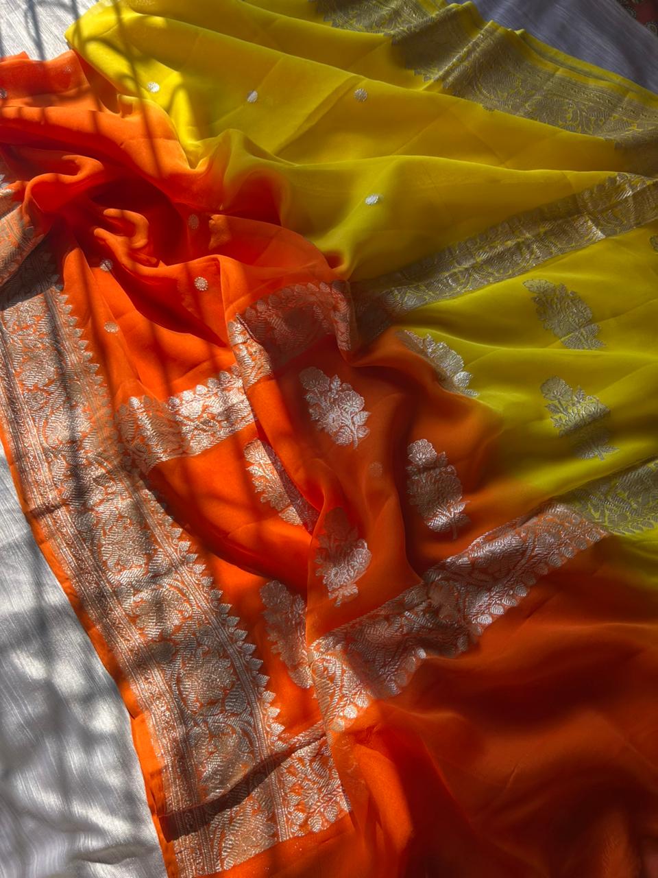 Ganga Jamuna Khadi Georgette Handloom Saree with Real Zari Weaving | Sunset Orange-Yellow Half & Half Saree