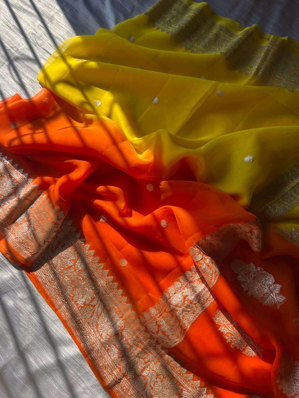 Ganga Jamuna Khadi Georgette Handloom Saree with Real Zari Weaving | Sunset Orange-Yellow Half & Half Saree