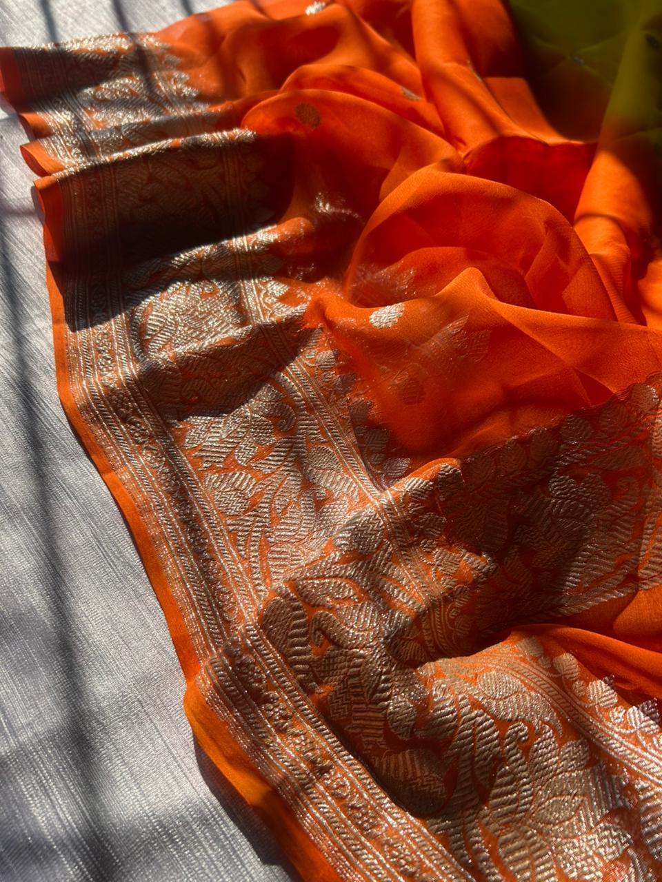 Ganga Jamuna Khadi Georgette Handloom Saree with Real Zari Weaving | Sunset Orange-Yellow Half & Half Saree