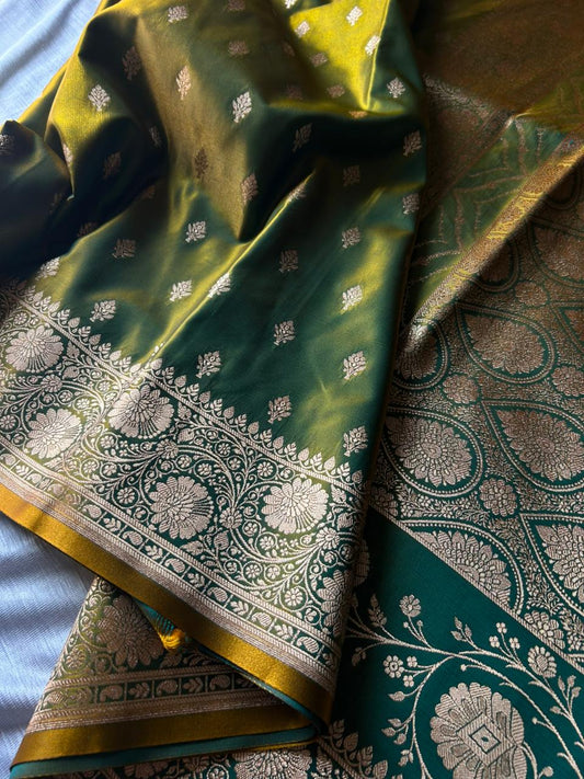 Kancha Neebu Lemon Green Satin Silk Banarasi Saree with Typical Butti & Double Pallu Design | Dhoop-Chaon Party Wear Saree