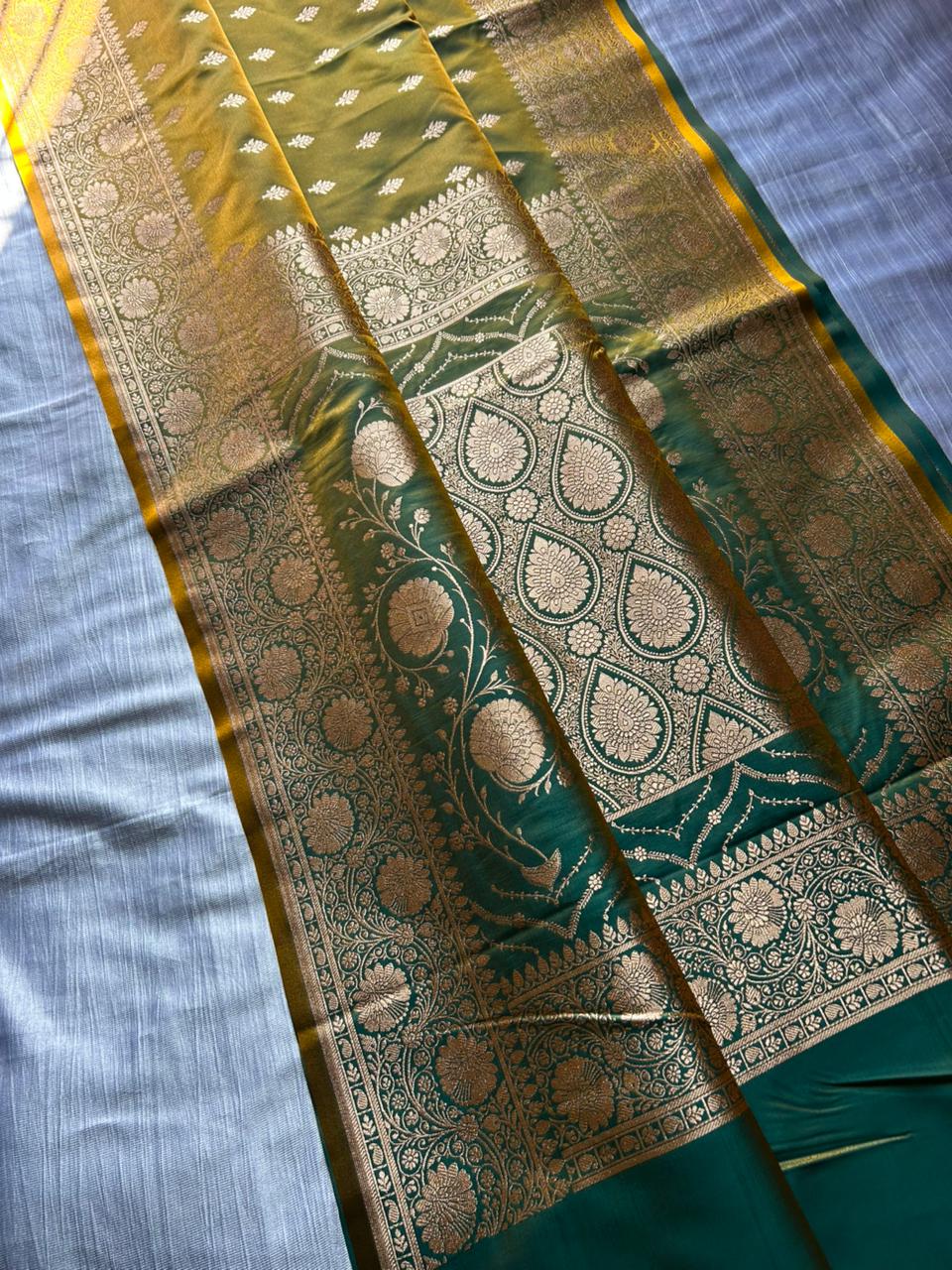 Kancha Neebu Lemon Green Satin Silk Banarasi Saree with Typical Butti & Double Pallu Design | Dhoop-Chaon Party Wear Saree