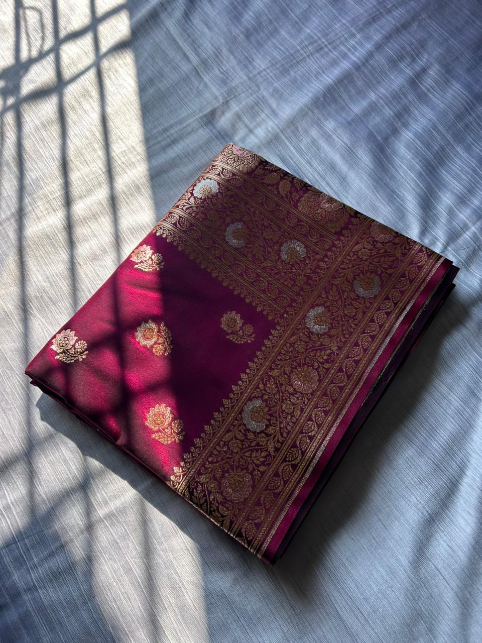 Berries Wine Tilfi Butti Satin Silk Banarasi Saree with Double Meenakari & Paithani Zari Border | Dhoop-Chaon Party Wear Saree