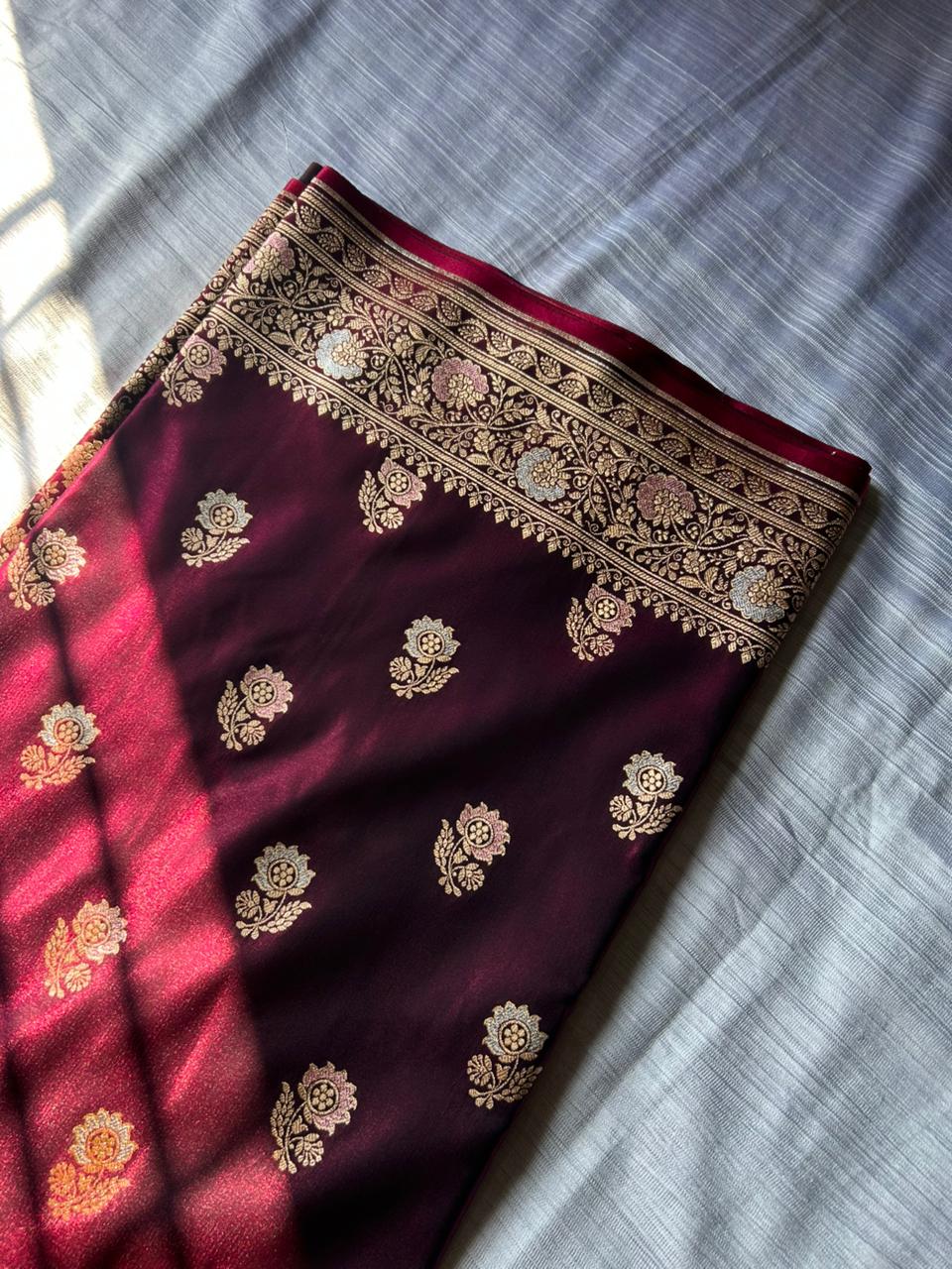Berries Wine Tilfi Butti Satin Silk Banarasi Saree with Double Meenakari & Paithani Zari Border | Dhoop-Chaon Party Wear Saree
