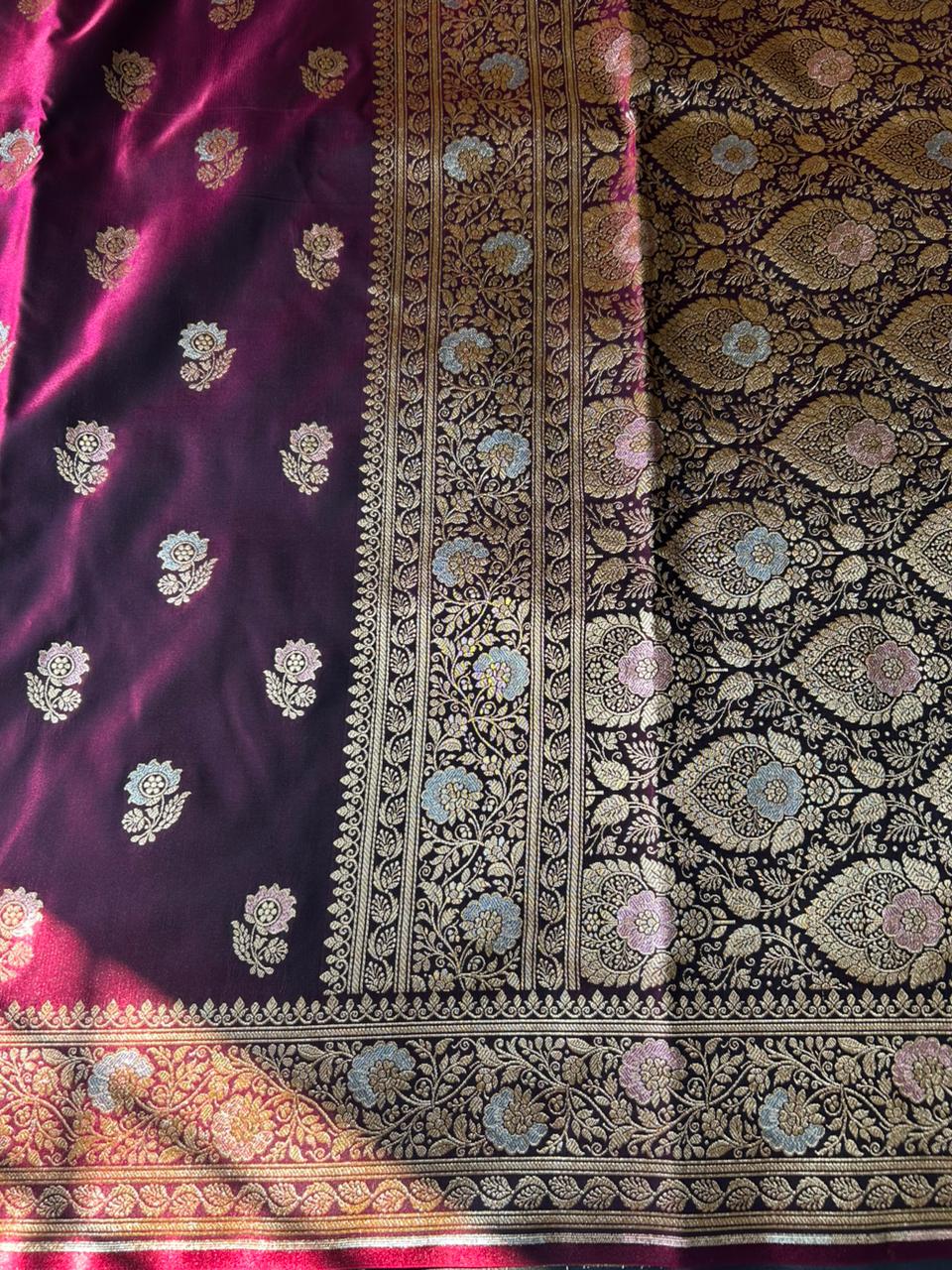 Berries Wine Tilfi Butti Satin Silk Banarasi Saree with Double Meenakari & Paithani Zari Border | Dhoop-Chaon Party Wear Saree