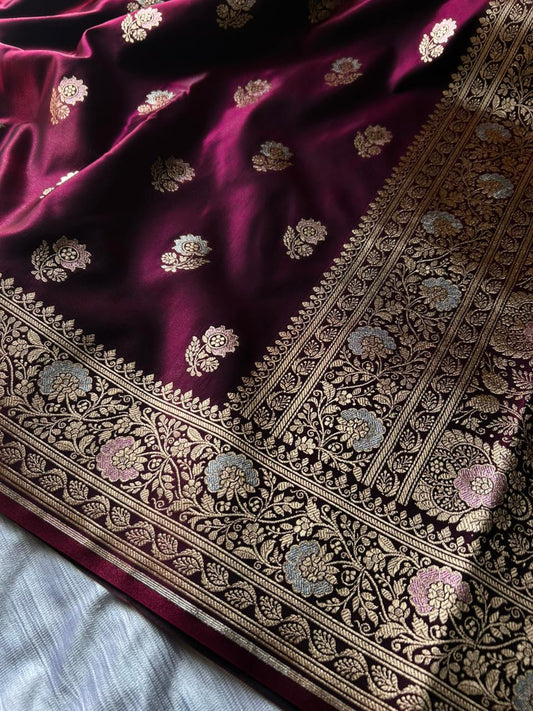 Berries Wine Tilfi Butti Satin Silk Banarasi Saree with Double Meenakari & Paithani Zari Border | Dhoop-Chaon Party Wear Saree