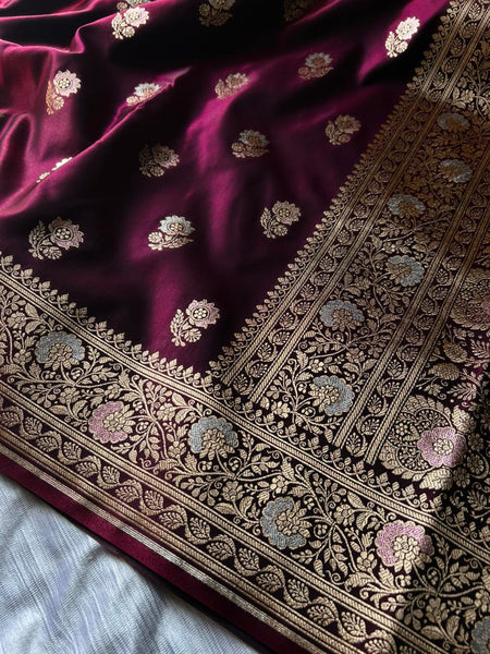 Berries Wine Tilfi Butti Satin Silk Banarasi Saree with Double Meenakari & Paithani Zari Border | Dhoop-Chaon Party Wear Saree