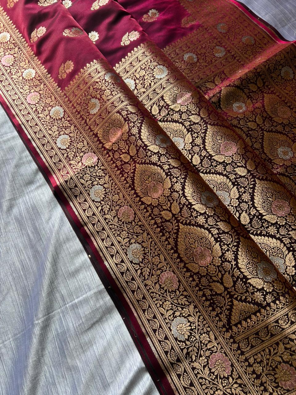 Berries Wine Tilfi Butti Satin Silk Banarasi Saree with Double Meenakari & Paithani Zari Border | Dhoop-Chaon Party Wear Saree