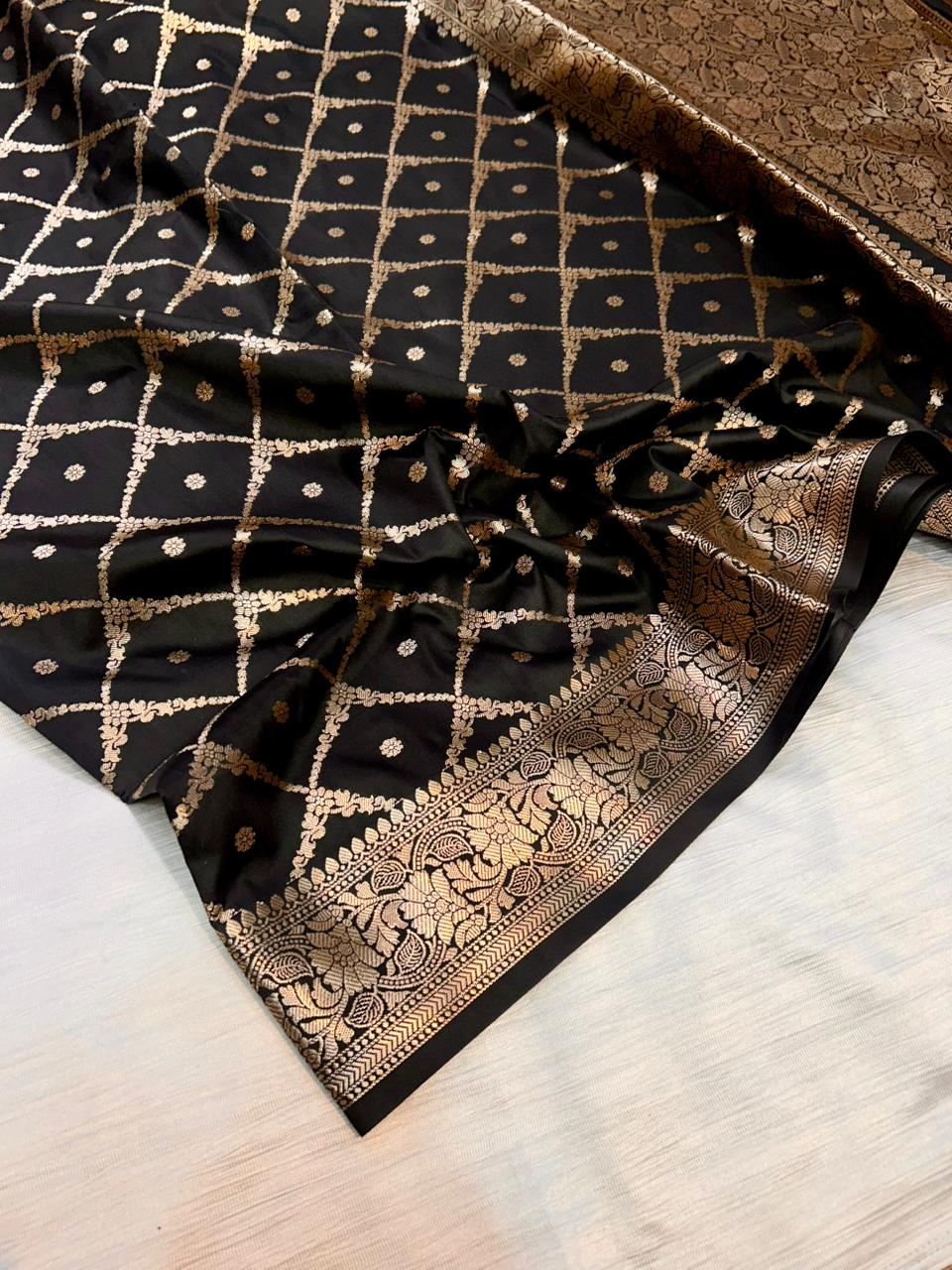 Black Geometrical Jal Semi Katan Silk Banarasi Saree | Elegant Party & Wedding Wear