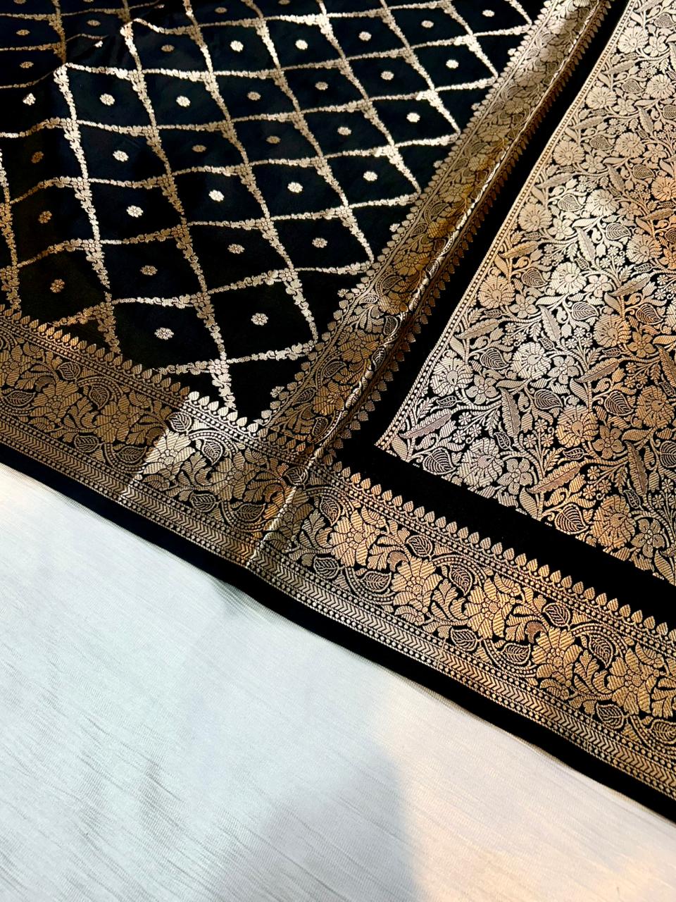 Black Geometrical Jal Semi Katan Silk Banarasi Saree | Elegant Party & Wedding Wear