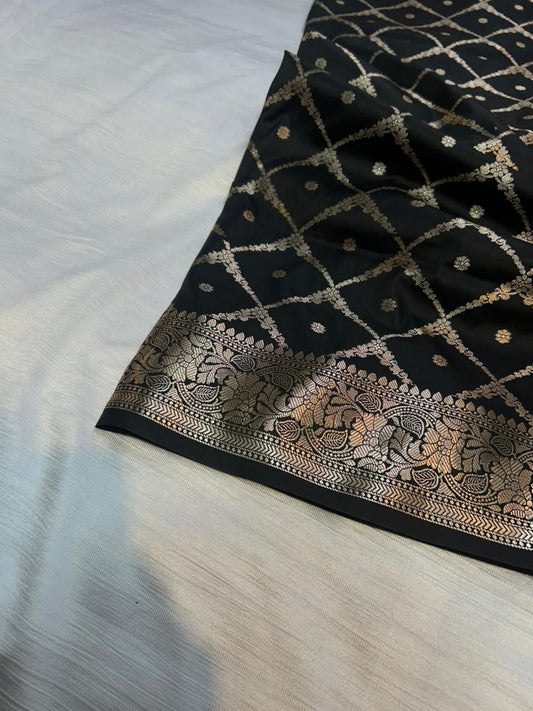 Black Geometrical Jal Semi Katan Silk Banarasi Saree | Elegant Party & Wedding Wear