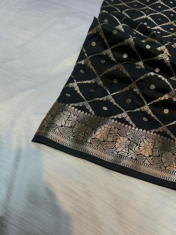 Black Geometrical Jal Semi Katan Silk Banarasi Saree | Elegant Party & Wedding Wear