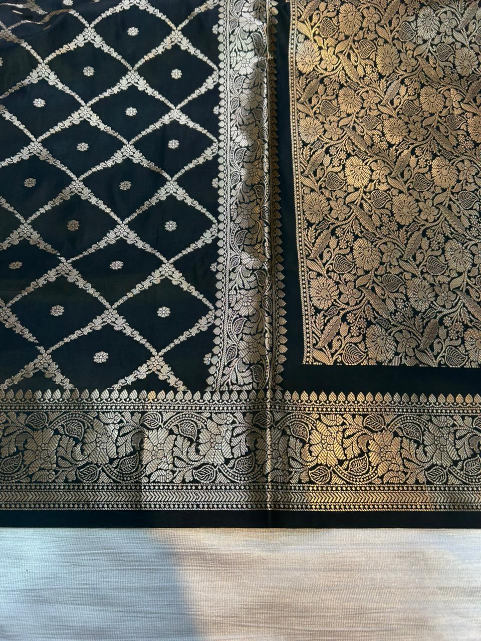 Black Geometrical Jal Semi Katan Silk Banarasi Saree | Elegant Party & Wedding Wear