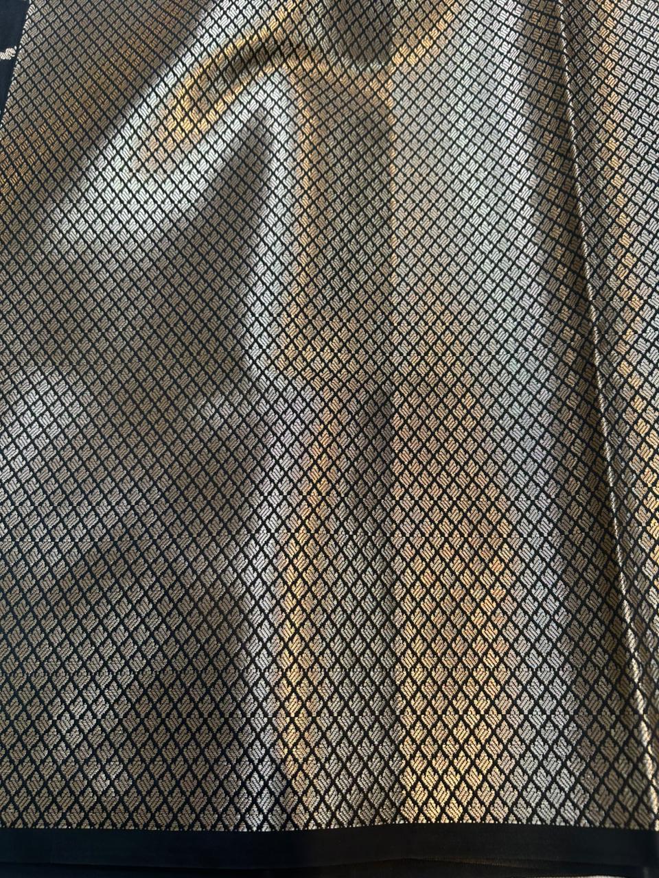 Black Geometrical Jal Semi Katan Silk Banarasi Saree | Elegant Party & Wedding Wear